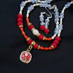   Édesvízi gyöngy, Korall  és kristály szett,  elegáns luxusékszer