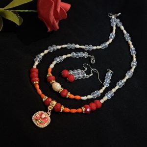 Édesvízi gyöngy, Korall  és kristály szett,  elegáns luxusékszer