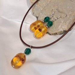 Art deco Borostyán és kristály fülbevaló és medál, antik egyedi, kézműves 